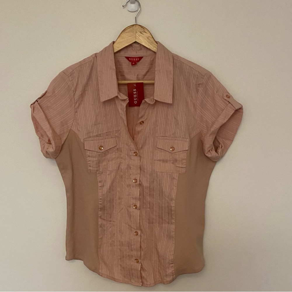 NWT GUESS Women’s Blush Pink Short Sleeve Button-Up Shirt, Size XL, Casual,